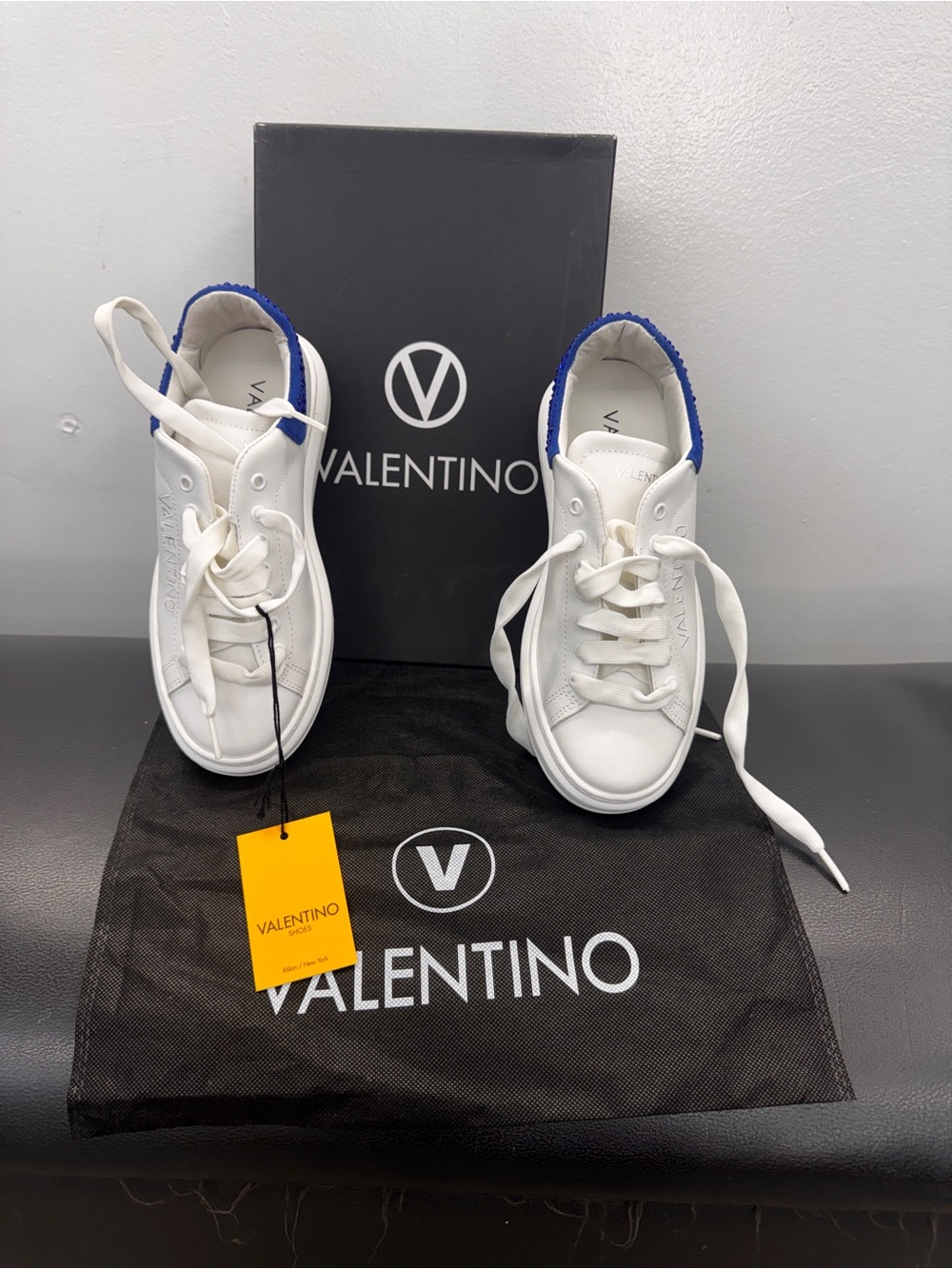 Valentino White Sneakers with Blue Bling Trim